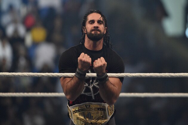 Seth Rollins makes his way to the rign during the WWE World Cup Quarterfinal match as part of as part of the World Wrestling Entertainment (WWE) Crown Jewel pay-per-view at the King Saud University Stadium in Riyadh on November 2, 2018. (Photo by Fayez Nureldine / AFP)        (Photo credit should read FAYEZ NURELDINE/AFP/Getty Images)