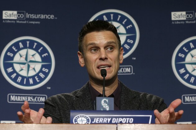 Seattle Mariners general manager Jerry Dipoto talks to reporters in Seattle, Thursday, Jan. 26, 2017, at the Mariners' annual pre-season briefing before the start of Spring Training, (AP Photo/Ted S. Warren)