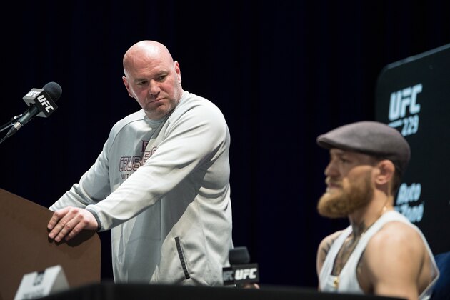 LAS VEGAS, NEVADA - OCTOBER 04:  Dana White looks on as Conor McGregor of Ireland speaks during the UFC 229 Press Conference inside The Park Theater at Park MGM on October 4, 2018 in Las Vegas, Nevada. (Photo by Chris Unger/Zuffa LLC/Zuffa LLC via Getty Images)