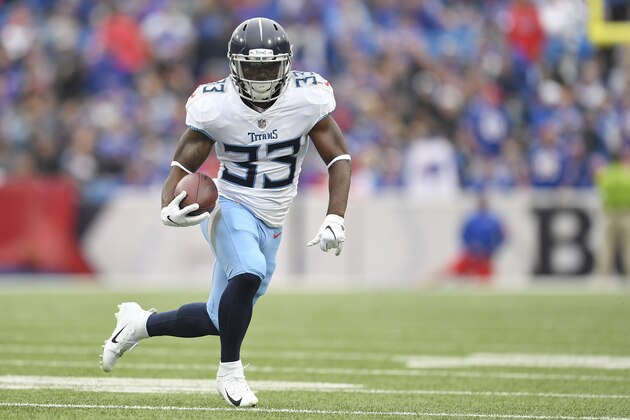 Tennessee Titans running back Dion Lewis runs with the ball against the Buffalo Bills during the first half of an NFL football game, Sunday, Oct. 7, 2018, in Orchard Park, N.Y. (AP Photo/Adrian Kraus)
