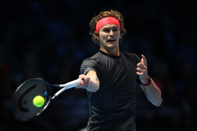 LONDON, ENGLAND - NOVEMBER 17:  Alexander Zverev of Germany plays a forehand shot in his semi finals singles match against Roger Federer of Switzerland during Day Seven of the Nitto ATP Finals at The O2 Arena on November 17, 2018 in London, England.  (Photo by Clive Brunskill/Getty Images)
