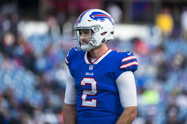 ORCHARD PARK, NY - NOVEMBER 04:  Nathan Peterman #2 of the Buffalo Bills watches as trainers attend to Chris Ivory #33 (not pictured) during the fourth quarter against the Chicago Bears at New Era Field on November 4, 2018 in Orchard Park, New York. Chicago defeats Buffalo 41-9.  (Photo by Brett Carlsen/Getty Images)
