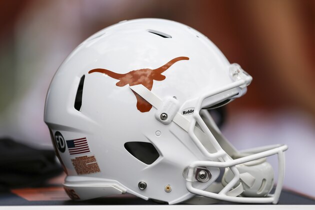 AUSTIN, TX - OCTOBER 13:  A Texas Longhorns helmet is seen on the sideline before the game against the Baylor Bears at Darrell K Royal-Texas Memorial Stadium on October 13, 2018 in Austin, Texas.  (Photo by Tim Warner/Getty Images)