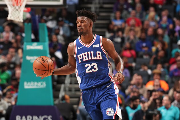 CHARLOTTE, NC - NOVEMBER 17:  Jimmy Butler #23 of the Philadelphia 76ers handles the ball against the Charlotte Hornets on November 17, 2018 at Spectrum Center in Charlotte, North Carolina. NOTE TO USER: User expressly acknowledges and agrees that, by downloading and or using this photograph, User is consenting to the terms and conditions of the Getty Images License Agreement.  Mandatory Copyright Notice:  Copyright 2018 NBAE (Photo by Kent Smith/NBAE via Getty Images)