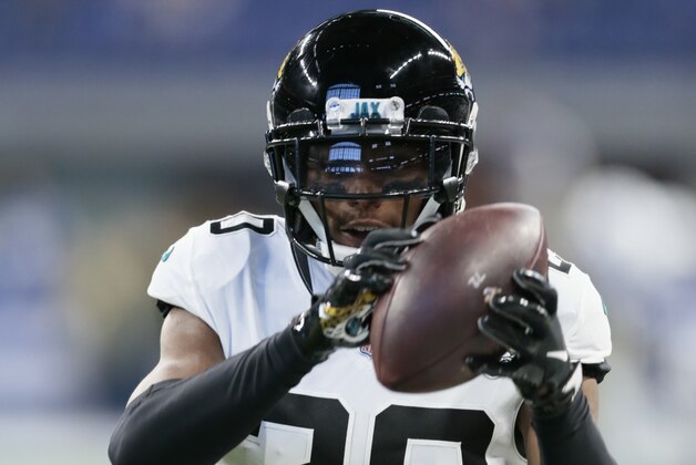 Jacksonville Jaguars cornerback Jalen Ramsey (20)before an NFL football game against the Indianapolis Colts in Indianapolis, Sunday, Nov. 11, 2018. (AP Photo/AJ Mast)