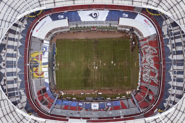 Mexico's Azteca Stadium is seen from above in Mexico City, Tuesday, Nov. 13, 2018. The NFL has moved the Los Angeles Rams' Monday night showdown with the Kansas City Chiefs from Mexico City to Los Angeles due to the poor condition of the field at Azteca Stadium. (AP Photo/Christian Palma)