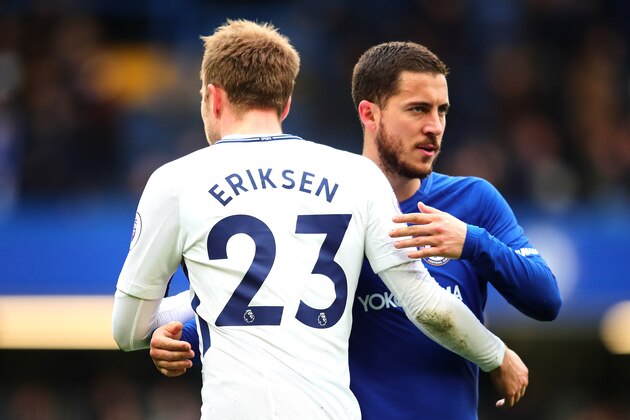LONDON, ENGLAND - APRIL 01: Eden Hazard of Chelsea greets Christian Eriksen of Tottenham Hotspur at full-time following the Premier League match between Chelsea and Tottenham Hotspur at Stamford Bridge on April 1, 2018 in London, England. (Photo by Chris Brunskill Ltd/Getty Images)