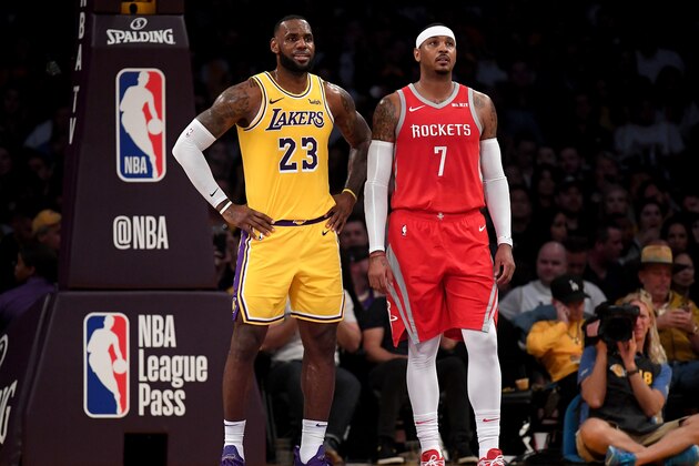 LOS ANGELES, CA - OCTOBER 20:  LeBron James #23 of the Los Angeles Lakers and Carmelo Anthony #7 of the Houston Rockets wait for and inbound at Staples Center on October 20, 2018 in Los Angeles, California.  (Photo by Harry How/Getty Images)