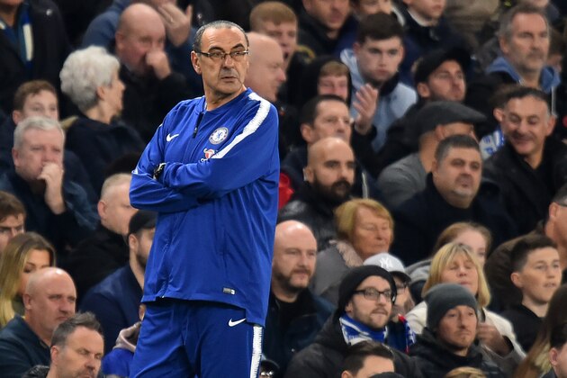 Chelsea's Italian head coach Maurizio Sarri looks on during the English Premier League football match between Chelsea and Crystal Palace at Stamford Bridge in London on November 4, 2018. (Photo by Glyn KIRK / AFP) / RESTRICTED TO EDITORIAL USE. No use with unauthorized audio, video, data, fixture lists, club/league logos or 'live' services. Online in-match use limited to 120 images. An additional 40 images may be used in extra time. No video emulation. Social media in-match use limited to 120 images. An additional 40 images may be used in extra time. No use in betting publications, games or single club/league/player publications. /         (Photo credit should read GLYN KIRK/AFP/Getty Images)