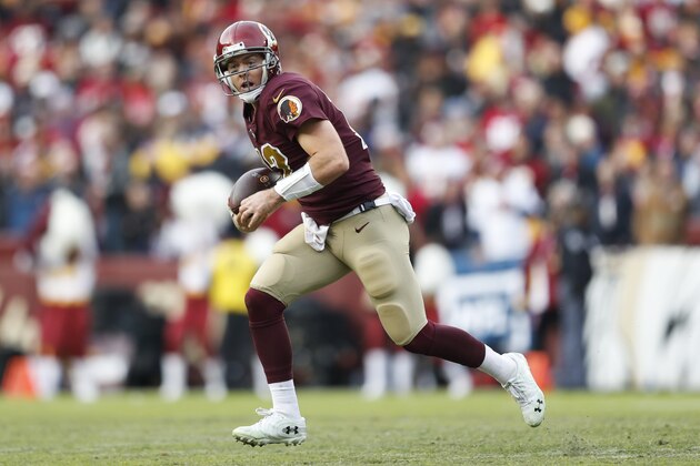 Washington Redskins quarterback Colt McCoy (12) scrambles with the ball during the second half of an NFL football game between the Houston Texans and the Washington Redskins, Sunday, Nov. 18, 2018 in Landover, Md. (AP Photo/Pablo Martinez Monsivais)