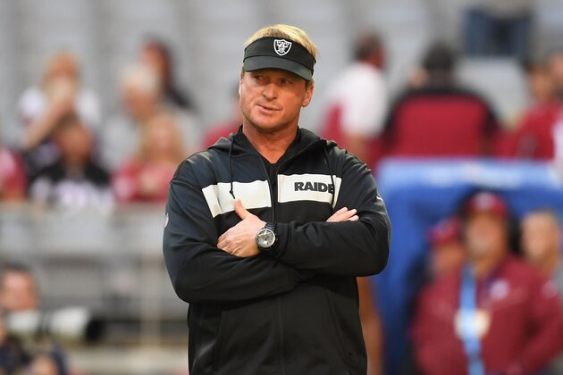GLENDALE, ARIZONA - NOVEMBER 18: Head coach Jon Gruden of the Oakland Raiders looks on prior to the NFL game against the Arizona Cardinals at State Farm Stadium on November 18, 2018 in Glendale, Arizona. (Photo by Jennifer Stewart/Getty Images)