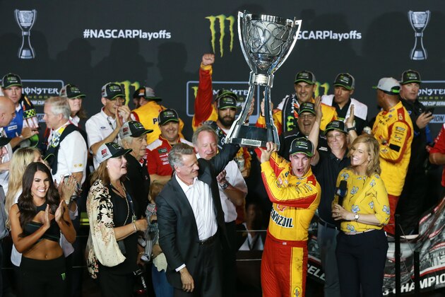 HOMESTEAD, FL - NOVEMBER 18: Joey Logano, driver of the #22 Shell Pennzoil Ford, celebrates in victory lane after winning the Monster Energy NASCAR Cup Series Ford EcoBoost 400 and the Monster Energy NASCAR Cup Series Championship at Homestead-Miami Speedway on November 18, 2018 in Homestead, Florida. (Photo by Sean Gardner/Getty Images) HOMESTEAD, FL - NOVEMBER 18: Joey Logano, driver of the #22 Shell Pennzoil Ford, celebrates in victory lane after winning the Monster Energy NASCAR Cup Series Ford EcoBoost 400 and the Monster Energy NASCAR Cup Series Championship at Homestead-Miami Speedway on November 18, 2018 in Homestead, Florida. (Photo by Sean Gardner/Getty Images)
