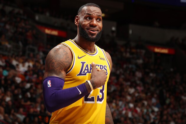 MIAMI, FL - NOVEMBER 18: LeBron James #23 of the Los Angeles Lakers looks on during the game against the Miami Heat on November 18, 2018 at American Airlines Arena in Miami, Florida. NOTE TO USER: User expressly acknowledges and agrees that, by downloading and or using this photograph, user is consenting to the terms and conditions of Getty Images License Agreement. Mandatory Copyright Notice: Copyright 2018 NBAE (Photo by Issac Baldizon/NBAE via Getty Images)