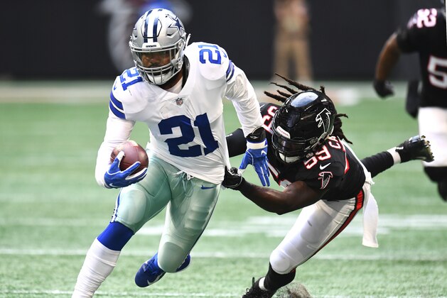 ATLANTA, GA - NOVEMBER 18: Ezekiel Elliott #21 of the Dallas Cowboys carries the ball during the third quarter against DeVondre Campbell #59 of the Atlanta Falcons at Mercedes-Benz Stadium on November 18, 2018 in Atlanta, Georgia. (Photo by Scott Cunningham/Getty Images)