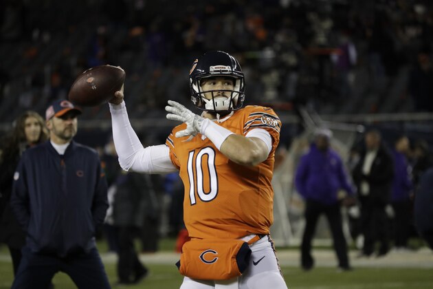 Chicago Bears quarterback Mitchell Trubisky (10) warms up before an NFL football game against the Minnesota Vikings Sunday, Nov. 18, 2018, in Chicago. (AP Photo/Nam Y. Huh)