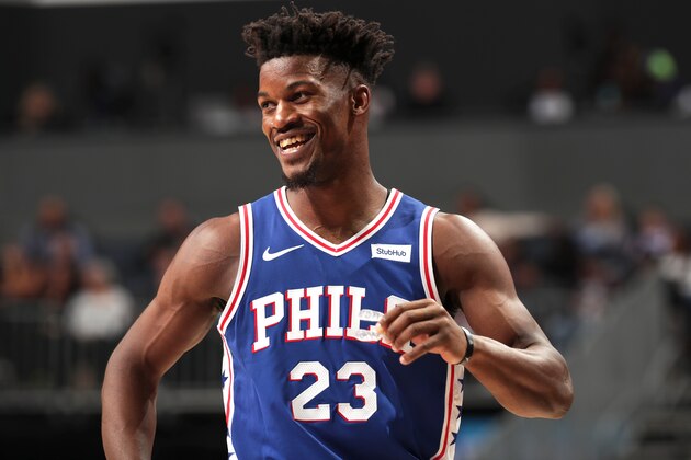 CHARLOTTE, NC - NOVEMBER 17:  Jimmy Butler #23 of the Philadelphia 76ers looks on during the game against the Charlotte Hornets on November 17, 2018 at Spectrum Center in Charlotte, North Carolina. NOTE TO USER: User expressly acknowledges and agrees that, by downloading and or using this photograph, User is consenting to the terms and conditions of the Getty Images License Agreement.  Mandatory Copyright Notice:  Copyright 2018 NBAE (Photo by Kent Smith/NBAE via Getty Images)