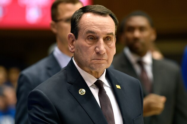 DURHAM, NORTH CAROLINA - NOVEMBER 14: Head coach Mike Krzyzewski of the Duke Blue Devils during their game against the Eastern Michigan Eagles at Cameron Indoor Stadium on November 14, 2018 in Durham, North Carolina. (Photo by Grant Halverson/Getty Images)