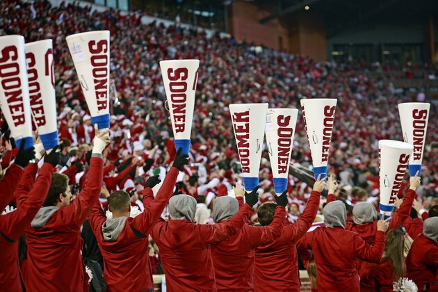 NORMAN, OK - NOVEMBER 10: Members of the Oklahoma Sooners spirit squad perform during the game against the Oklahoma State Cowboys at Gaylord Family Oklahoma Memorial Stadium on November 10, 2018 in Norman, Oklahoma. Oklahoma defeated Oklahoma State 48-47. (Photo by Brett Deering/Getty Images) *** Local Caption ***