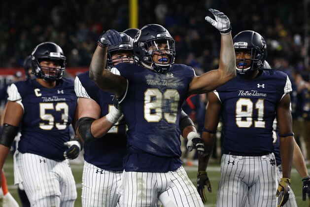 NEW YORK, NY - NOVEMBER 17:  Chase Claypool #83 of the Notre Dame Fighting Irish celebrates a touchdown as against the Syracuse Orange during their game at Yankee Stadium on November 17, 2018 in New York, New York. (Photo by Jeff Zelevansky/Getty Images)