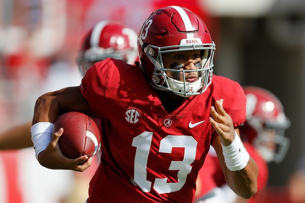 TUSCALOOSA, AL - NOVEMBER 17:  Tua Tagovailoa #13 of the Alabama Crimson Tide rushes against the Citadel Bulldogs at Bryant-Denny Stadium on November 17, 2018 in Tuscaloosa, Alabama.  (Photo by Kevin C. Cox/Getty Images)