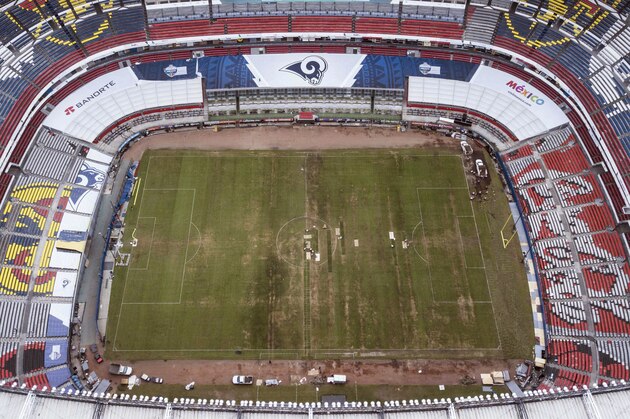 FILE - In this Tuesday, Nov. 13, 2018 file photo, Mexico's Azteca Stadium is seen from above in Mexico City. What some are calling the NFL's Game of the Year already has made huge headlines by being moved out of Mexico City because of poor playing conditions. Chiefs-Rams is back in Los Angeles. (AP Photo/Christian Palma, File)