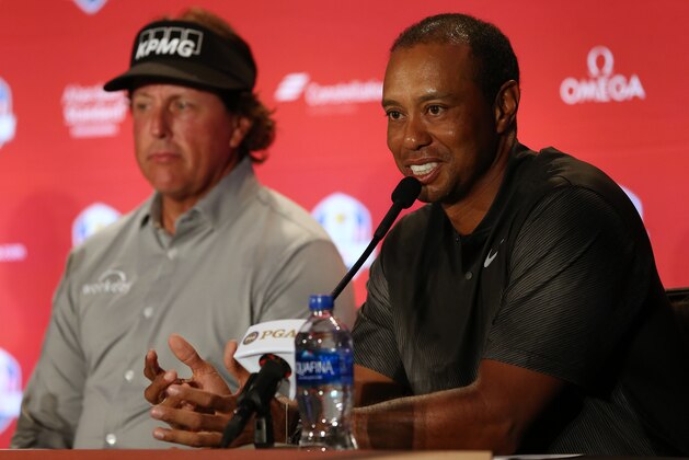 WEST CONSHOHOCKEN, PA - SEPTEMBER 04: Tiger Woods speaks after being chosen along with Phil Mickelson (L) and Bryson DeChambeau as Captain's Picks by U.S. Ryder Cup Team Captain Jim Furyk for the 2018 team during a press conference at the Philadelphia Marriott West on September 4, 2018 in West Conshohocken, Pennsylvania. (Photo by Rich Schultz/Getty Images)