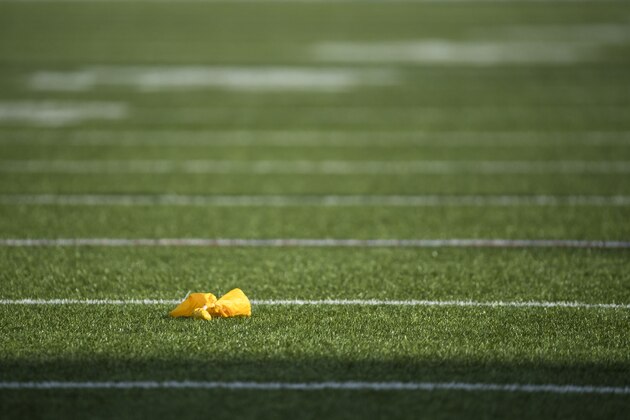 ORCHARD PARK, NY - NOVEMBER 04:  A yellow penalty flag on the field during the game between the Buffalo Bills and the Chicago Bears at New Era Field on November 4, 2018 in Orchard Park, New York. Chicago defeats Buffalo 41-9.  (Photo by Brett Carlsen/Getty Images) *** Local Caption ***