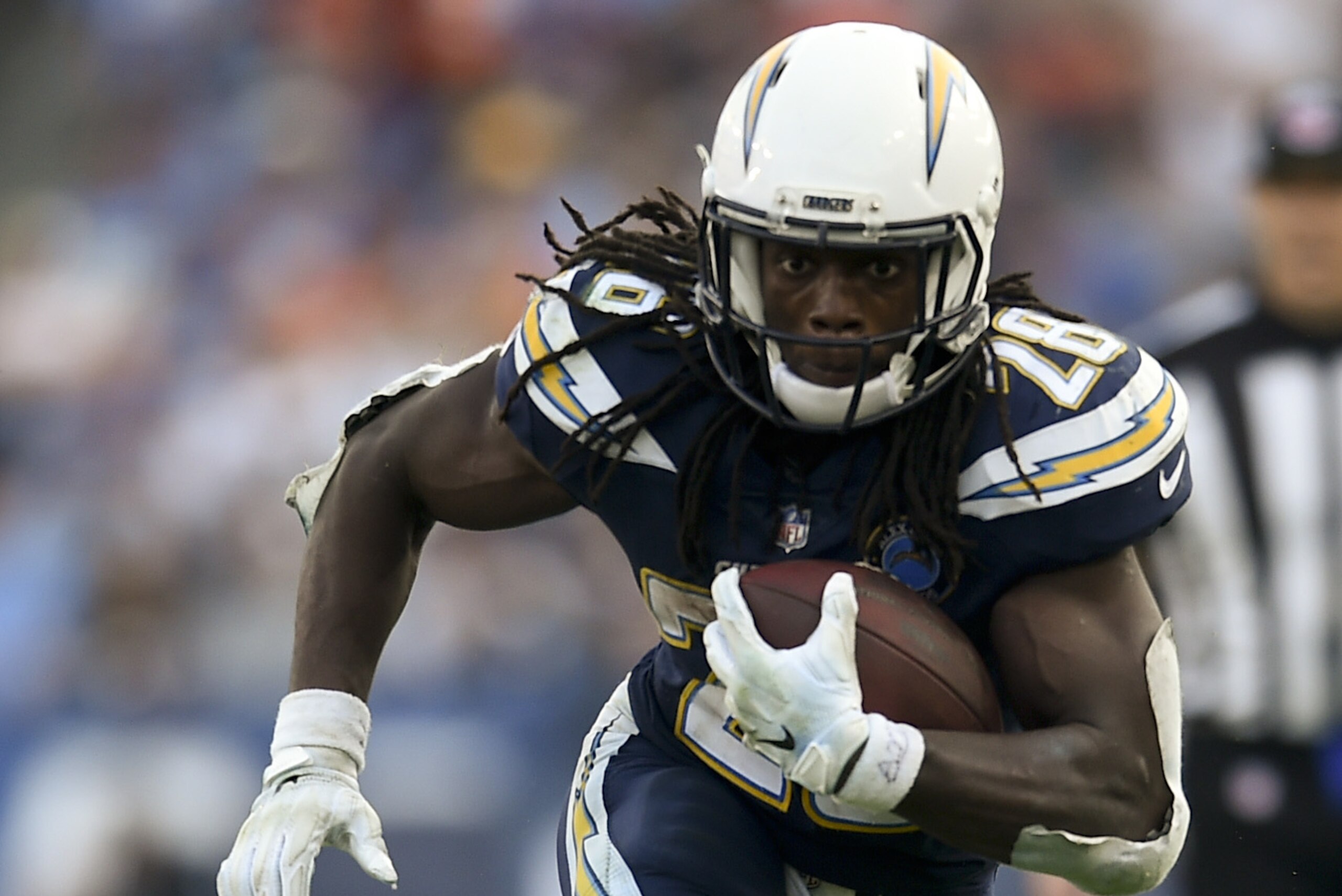 Los Angeles Chargers running back Melvin Gordon runs against the Denver Broncos during the second half of an NFL football game Sunday, Nov. 18, 2018, in Carson, Calif. (AP Photo/Kelvin Kuo)