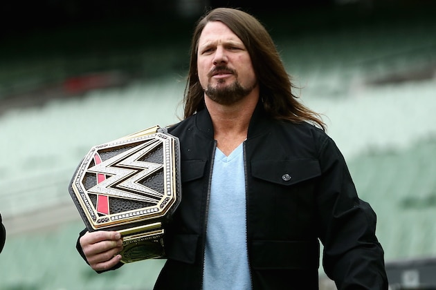 MELBOURNE, AUSTRALIA - JUNE 24: Smackdown women's champion Carmella and WWE'S world champion AJ Styles arrive ahead of a media opportunity at the Melbourne Cricket Ground on June 24, 2018 in Melbourne, Australia. (Photo by Robert Prezioso/Getty Images)