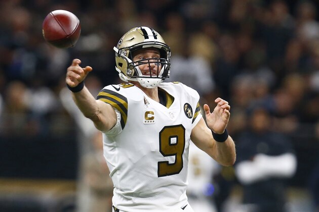 New Orleans Saints quarterback Drew Brees (9) passes in the first half of an NFL football game against the Philadelphia Eagles in New Orleans, Sunday, Nov. 18, 2018. (AP Photo/Butch Dill)