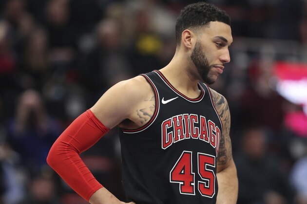 Chicago Bulls forward Denzel Valentine is seen during the second half of an NBA basketball game against the Detroit Pistons, Saturday, March 24, 2018, in Detroit. (AP Photo/Carlos Osorio)