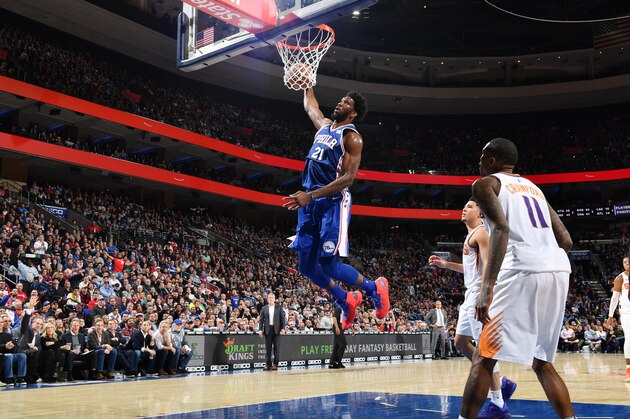 PHILADELPHIA, PA - NOVEMBER 19:  Joel Embiid #21 of the Philadelphia 76ers dunks the ball against the Phoenix Suns on November 19, 2018 at the Wells Fargo Center in Philadelphia, Pennsylvania NOTE TO USER: User expressly acknowledges and agrees that, by downloading and/or using this Photograph, user is consenting to the terms and conditions of the Getty Images License Agreement. Mandatory Copyright Notice: Copyright 2018 NBAE (Photo by Jesse D. Garrabrant/NBAE via Getty Images)