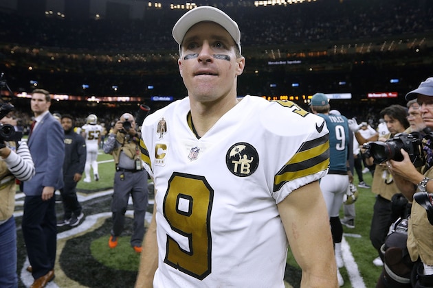 NEW ORLEANS, LA - NOVEMBER 18:  Drew Brees #9 of the New Orleans Saints of the New Orleans Saints reacts after a game against the Philadelphia Eagles at the Mercedes-Benz Superdome on November 18, 2018 in New Orleans, Louisiana.  (Photo by Jonathan Bachman/Getty Images)