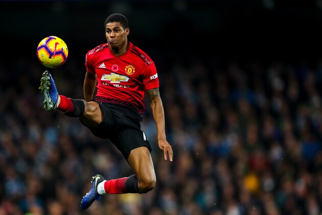 MANCHESTER, ENGLAND - NOVEMBER 11: Marcus Rashford of Manchester United during the Premier League match between Manchester City and Manchester United at Etihad Stadium on November 11, 2018 in Manchester, United Kingdom. (Photo by Robbie Jay Barratt - AMA/Getty Images)