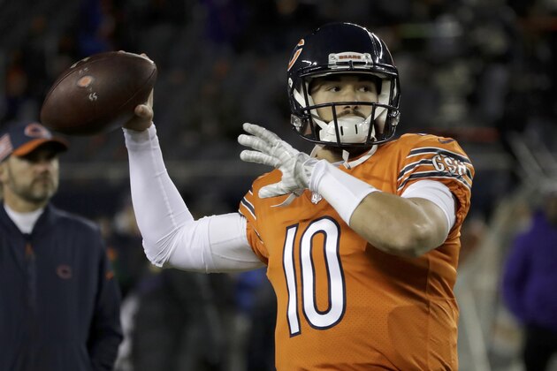 Chicago Bears quarterback Mitchell Trubisky (10) warms up before an NFL football game against the Minnesota Vikings Sunday, Nov. 18, 2018, in Chicago. (AP Photo/Nam Y. Huh)
