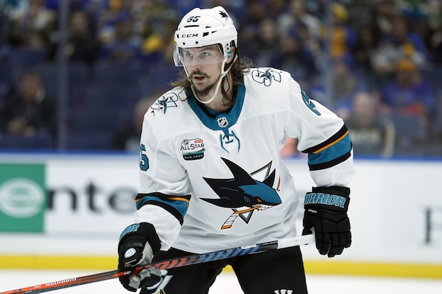 San Jose Sharks' Erik Karlsson, of Sweden, is seen during the second period of an NHL hockey game against the St. Louis Blues Friday, Nov. 9, 2018, in St. Louis. (AP Photo/Jeff Roberson)