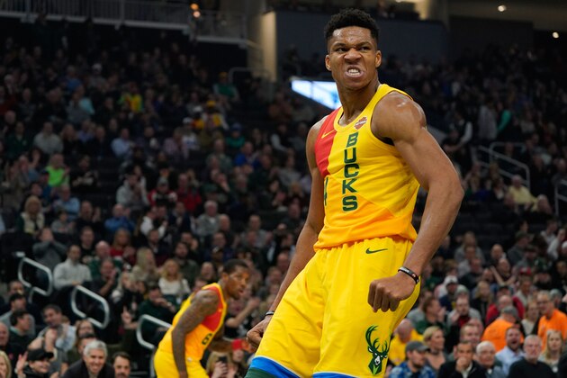 MILWAUKEE, WISCONSIN - NOVEMBER 19:  Giannis Antetokounmpo #34 of the Milwaukee Bucks reacts to a dunk during the first half of a game against the Denver Nuggets at Fiserv Forum on November 19, 2018 in Milwaukee, Wisconsin.  NOTE TO USER: User expressly acknowledges and agrees that, by downloading and or using this photograph, User is consenting to the terms and conditions of the Getty Images License Agreement. (Photo by Stacy Revere/Getty Images)