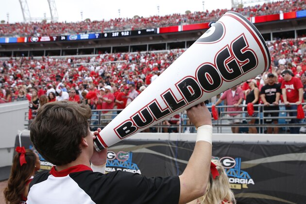 JACKSONVILLE, FL - OCTOBER 28: Georgia Bulldogs cheerleader cheers into a megaphone during a game against the Florida Gators at EverBank Field on October 28, 2017 in Jacksonville, Florida. Georgia defeated Florida 42-7. (Photo by Joe Robbins/Getty Images) *** Local Caption ***