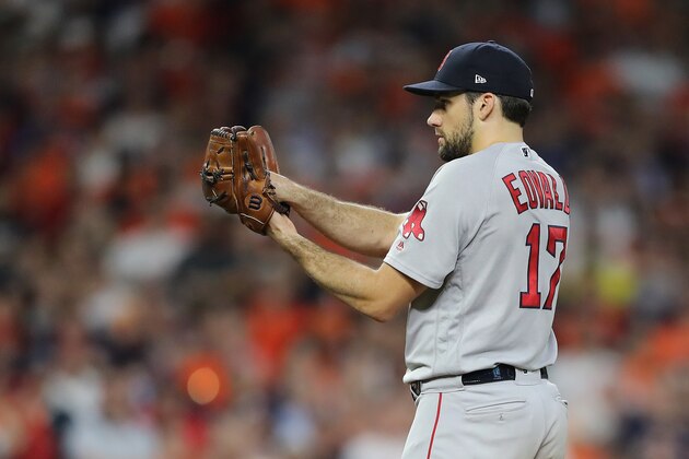 HOUSTON, TX - OCTOBER 18:  Nathan Eovaldi #17 of the Boston Red Sox pitches in the eighth inning against the Houston Astros during Game Five of the American League Championship Series at Minute Maid Park on October 18, 2018 in Houston, Texas.  (Photo by Elsa/Getty Images)