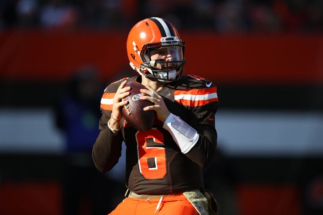 CLEVELAND, OH - NOVEMBER 11: Baker Mayfield #6 of the Cleveland Browns throws the ball in the first half against the Atlanta Falcons at FirstEnergy Stadium on November 11, 2018 in Cleveland, Ohio. (Photo by Gregory Shamus/Getty Images)