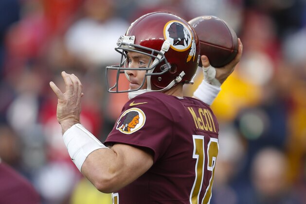 Washington Redskins quarterback Colt McCoy (12) throws the ball during the second half of an NFL football game against the Houston Texans, Sunday, Nov. 18, 2018, in Landover, Md.(AP Photo/Pablo Martinez Monsivais)