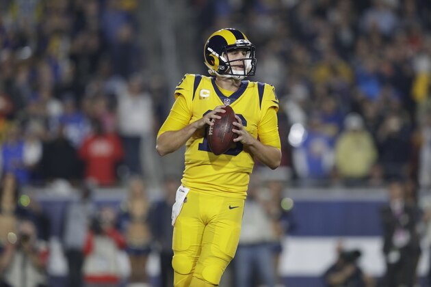 Los Angeles Rams quarterback Jared Goff looks to pass against the Kansas City Chiefs during the first half of an NFL football game Monday, Nov. 19, 2018, in Los Angeles. (AP Photo/Marcio Jose Sanchez)