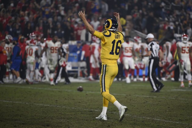Los Angeles Rams quarterback Jared Goff reacts to a play during the second half of an NFL football game against the Kansas City Chiefs, Monday, Nov. 19, 2018, in Los Angeles. (AP Photo/Kelvin Kuo)