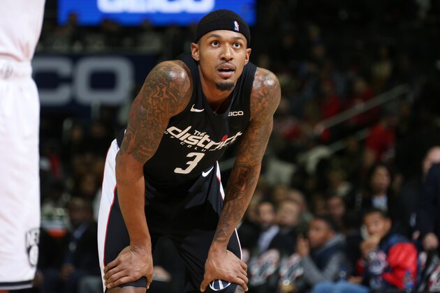 WASHINGTON, DC -  NOVEMBER 16: Bradley Beal #3 of the Washington Wizards looks on during the game against the Brooklyn Nets on November 16, 2018 at Capital One Arena in Washington, DC. NOTE TO USER: User expressly acknowledges and agrees that, by downloading and or using this Photograph, user is consenting to the terms and conditions of the Getty Images License Agreement. Mandatory Copyright Notice: Copyright 2018 NBAE (Photo by Stephen Gosling/NBAE via Getty Images)