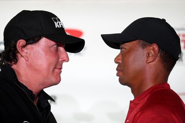 LAS VEGAS, NV - NOVEMBER 20:  (L-R) Phil Mickelson and Tiger Woods face-off during a press conference before The Match at Shadow Creek Golf Course on November 20, 2018 in Las Vegas, Nevada.  (Photo by Harry How/Getty Images for The Match)