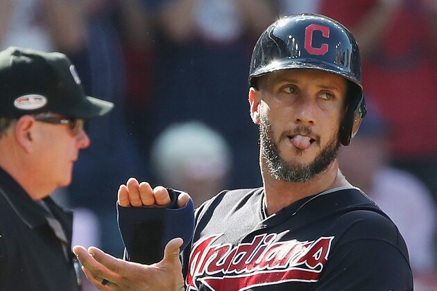 CLEVELAND, OH - OCTOBER 08:  Yan Gomes #7 of the Cleveland Indians celebrates as he scores a run on a sacrifice fly ball in the third inning against the Houston Astros during Game Three of the American League Division Series at Progressive Field on October 8, 2018 in Cleveland, Ohio.  (Photo by Gregory Shamus/Getty Images)