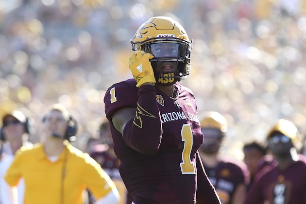 Arizona State wide receiver N'Keal Harry (1) watches a video replay on the stadium scoreboard during the second half of an NCAA college football game against UCLA, Saturday, Nov. 10, 2018, in Tempe, Ariz. (AP Photo/Ralph Freso)