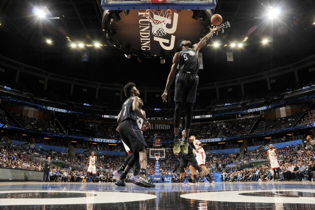 ORLANDO, FL - NOVEMBER 20: Mohamed Bamba #5 of the Orlando Magic goes up for a rebound against the Toronto Raptors on November 20, 2018 at Amway Center in Orlando, Florida. NOTE TO USER: User expressly acknowledges and agrees that, by downloading and or using this photograph, User is consenting to the terms and conditions of the Getty Images License Agreement. Mandatory Copyright Notice: Copyright 2018 NBAE (Photo by Fernando Medina/NBAE via Getty Images)