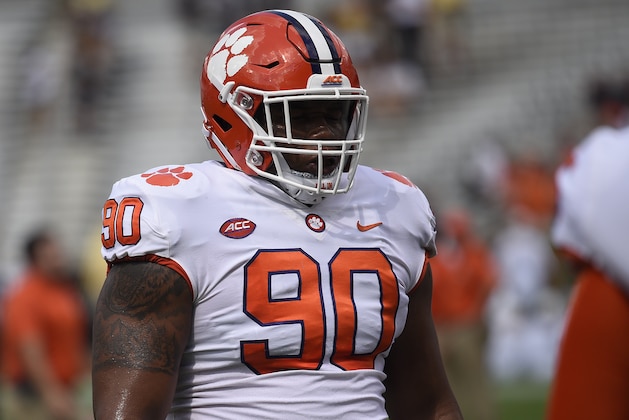 Clemson defensive tackle Dexter Lawrence (90) warms up before the first half of an NCAA college football game between Georgia Tech and Clemson, Saturday, Sept. 22, 2018, in Atlanta. (AP Photo/Jon Barash)