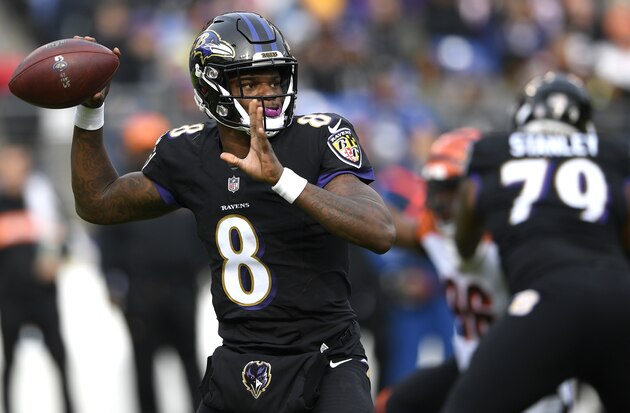 Baltimore Ravens quarterback Lamar Jackson throws a pass in the first half of an NFL football game against the Cincinnati Bengals, Sunday, Nov. 18, 2018, in Baltimore. (AP Photo/Nick Wass)